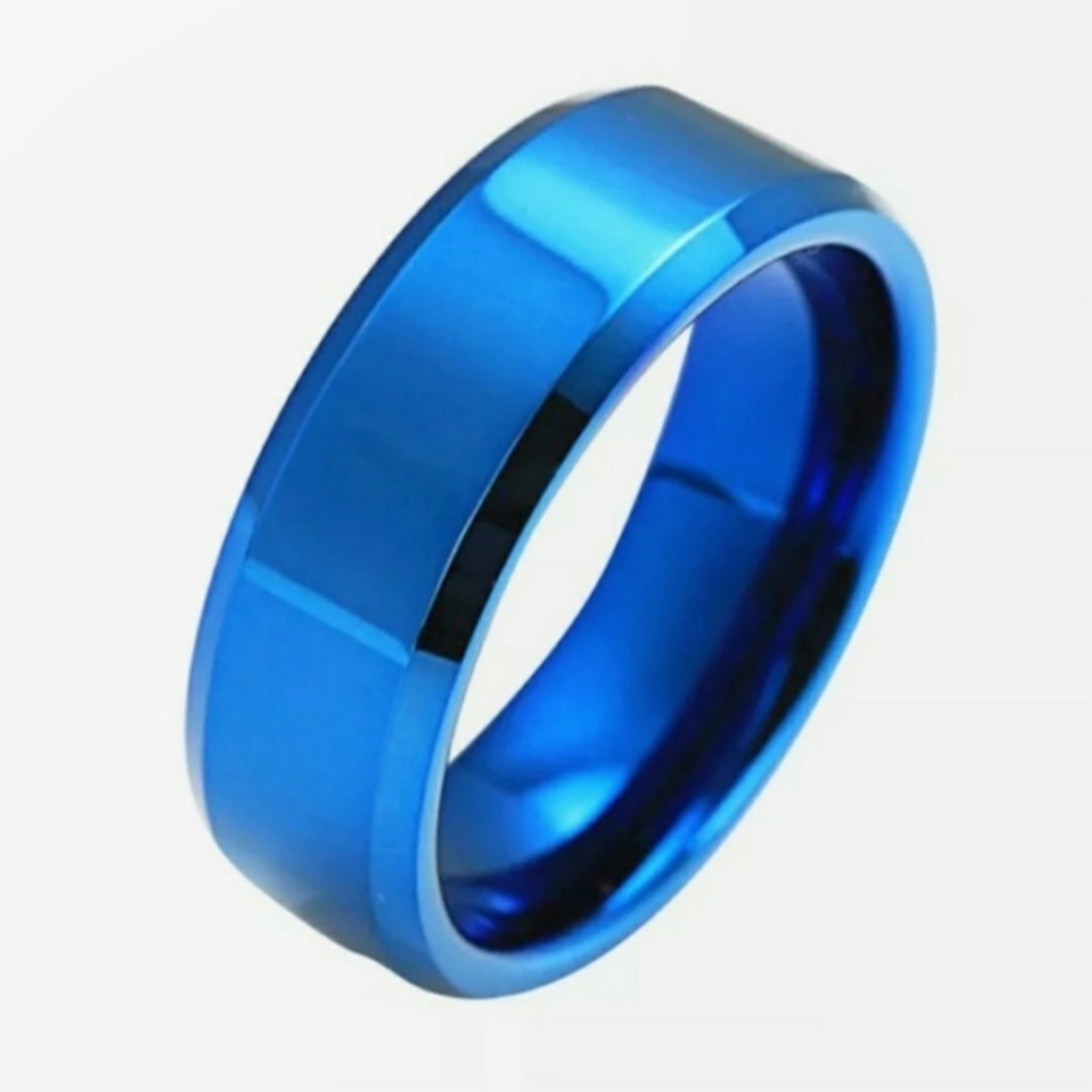 Blue Stainless Steel Beveled Edge 8mm Band Glossy Lightweight Comfy Ring